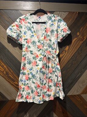 Old Navy White Floral Wrap Mini Dress with Coral & Blue Blooms Size XL